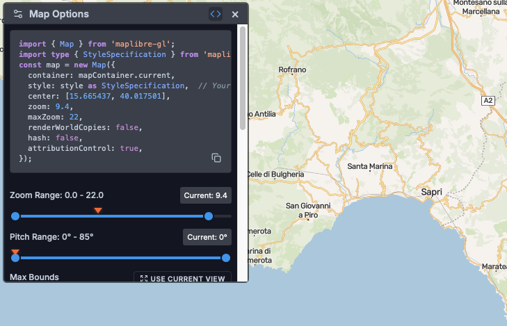 Map Options control panel with rendering settings