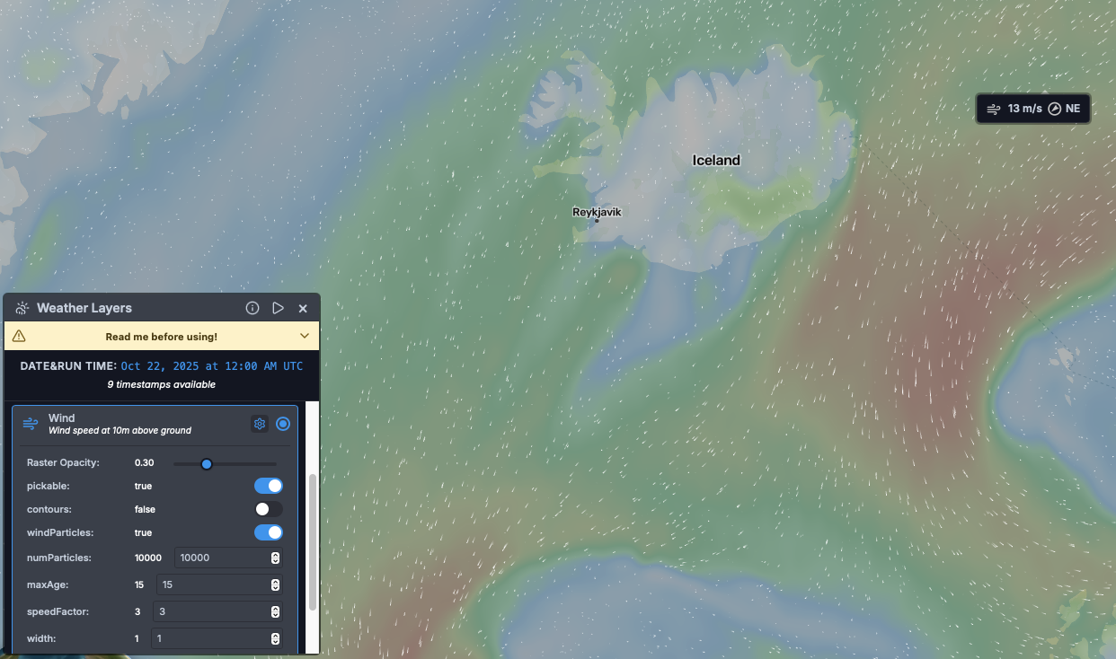 Weather Control displaying wind and temperature layers